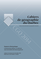 Cover of L’urbanisation diffuse : un difficile mais inévitable défi d’aménagement, Volume 58, Number 165, December 2014, pp. 323-523, Cahiers de géographie du Québec