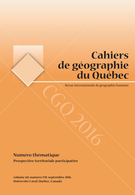 Cover of Prospective territoriale participative, Volume 60, Number 170, September 2016, pp. 209-417, Cahiers de géographie du Québec