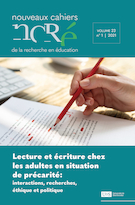 Cover for issue 'Lecture et écriture chez les adultes en situation de précarité : interactions, recherches, éthique et politiques' of the journal 'Nouveaux cahiers de la recherche en éducation'