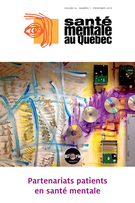Cover of Partenariats patients en santé mentale, Volume 40, Number 1, Spring 2015, pp. 7-274, Santé mentale au Québec