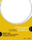 Couverture de Mémoires vives, Numéro 53-54, printemps–automne 2013, p. 5-227, L’Annuaire théâtral