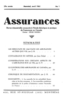 Couverture de Volume 29, numéro 1, 1961, p. 1-67, Assurances