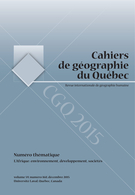 Couverture de L’Afrique : environnement, développement, sociétés, Volume 59, numéro 168, décembre 2015, p. 343-519, Cahiers de géographie du Québec
