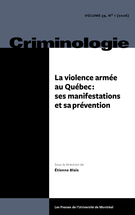 Couverture du numéro 'La violence armée au Québec : ses manifestations et sa prévention' de la revue 'Criminologie'