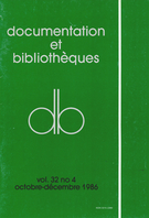 Couverture de Volume 32, numéro 4, octobre–décembre 1986, p. 107-168, Documentation et bibliothèques
