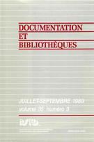 Couverture de Volume 35, numéro 3, juillet–septembre 1989, p. 71-126, Documentation et bibliothèques