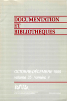 Couverture de Volume 35, numéro 4, octobre–décembre 1989, p. 131-201, Documentation et bibliothèques