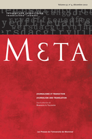 Couverture de Journalisme et traduction, Volume 57, numéro 4, décembre 2012, p. 843-1092, Meta