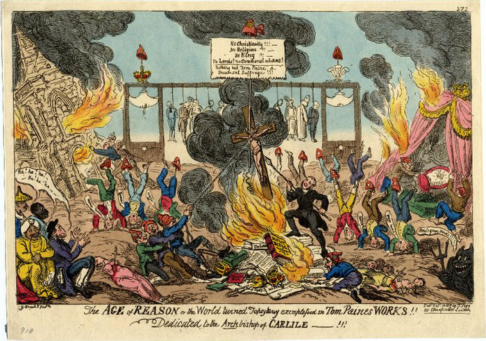 Cruikshank's print showing Paine's works leading to absolute anarchy, race-mixing, etc.