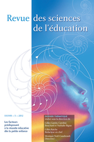 Couverture de Les facteurs prédisposant à la réussite éducative dès la petite enfance, Volume 38, numéro 3, 2012, p. 469-675, Revue des sciences de l’éducation