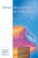 Couverture de La responsabilité en éducation : transformations, ruptures et contradictions, Volume 41, numéro 1, 2015, p. 5-164, Revue des sciences de l’éducation