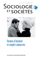 Couverture de Formes d’intimité et couples amoureux, Volume 46, numéro 1, printemps 2014, p. 5-291, Sociologie et sociétés