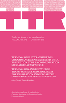 Couverture du numéro 'Terminologie et transfert des connaissances : enjeux et défis de la traduction et de la communication spécialisée au XXIe siecle' de la revue 'TTR'